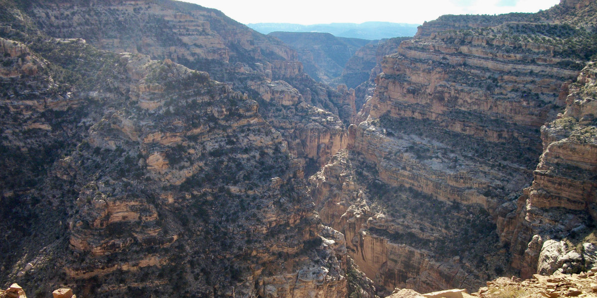 A jagged canyon cuts through the landscape