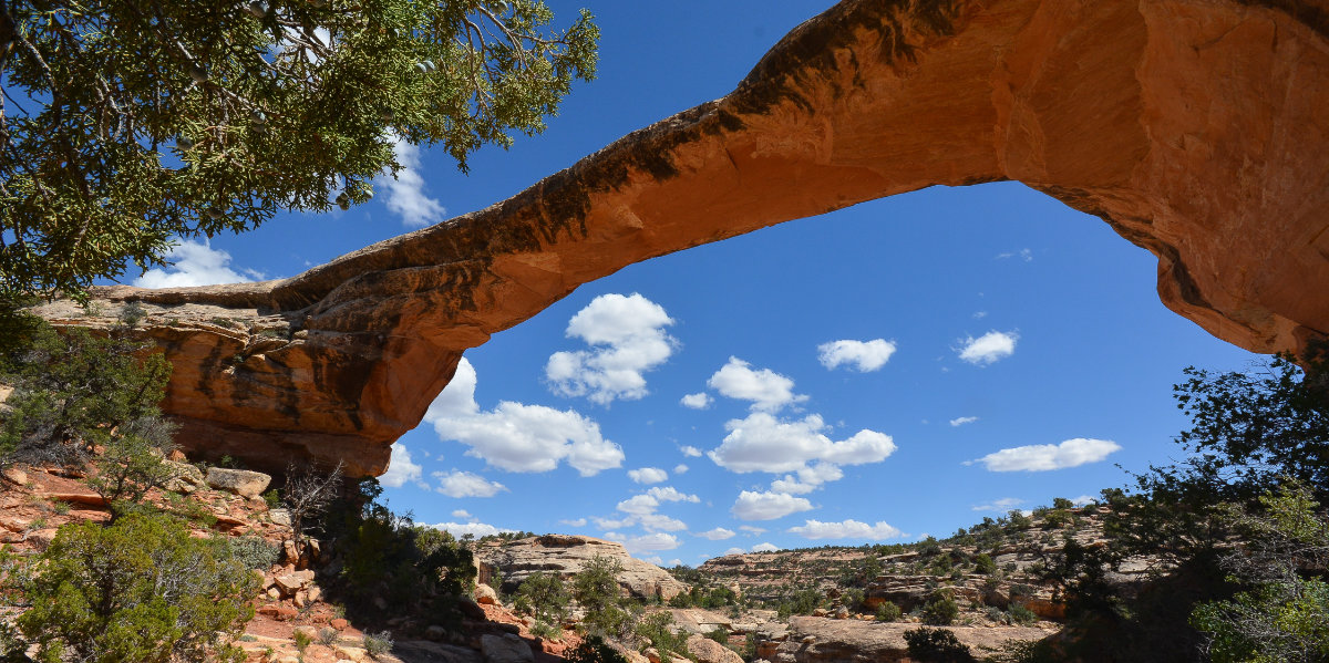 A large natural stone bridge overhead