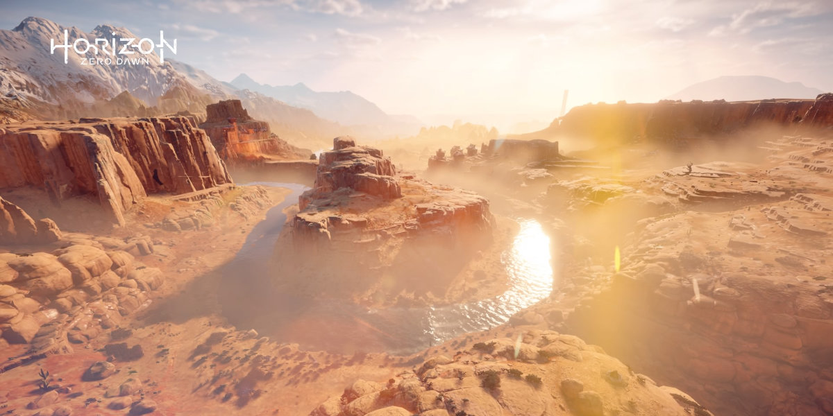 A video game screenshot of a canyon vista.