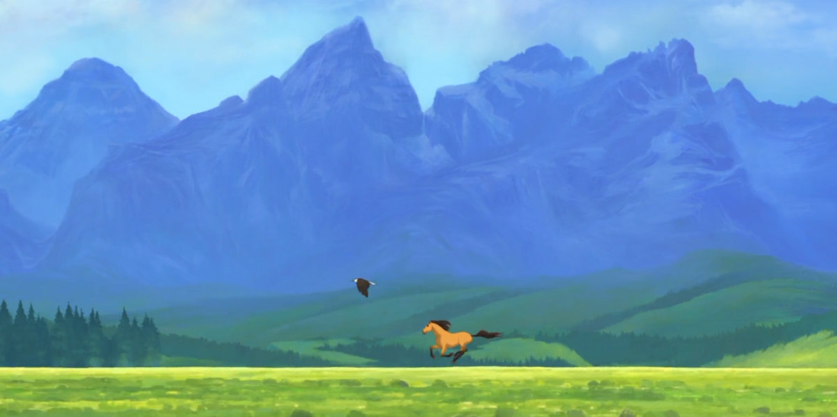 The Grand Tetons in the background of a running animated horse