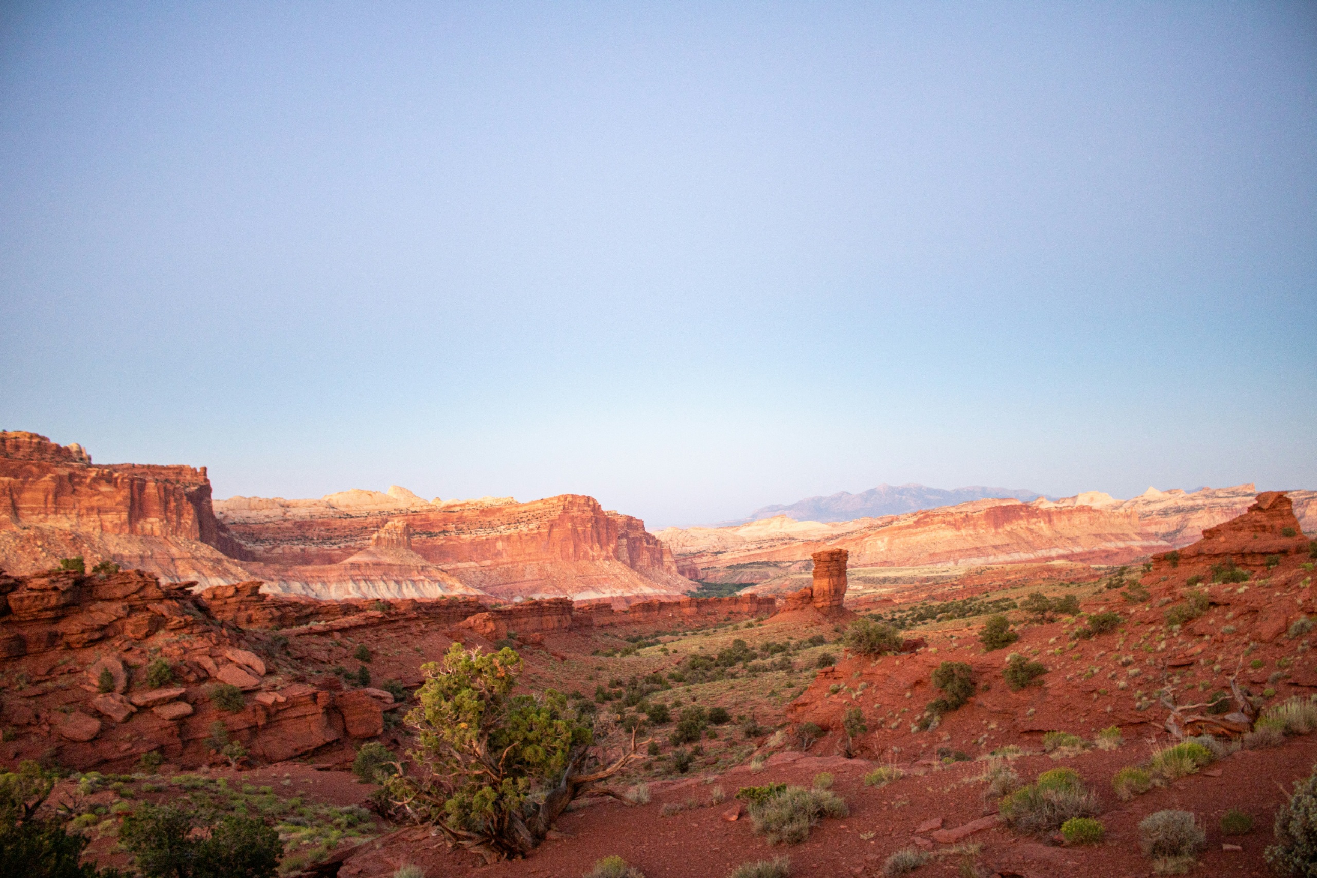 Red rock cliffs in Capitol Reef National Park glowing near sunset