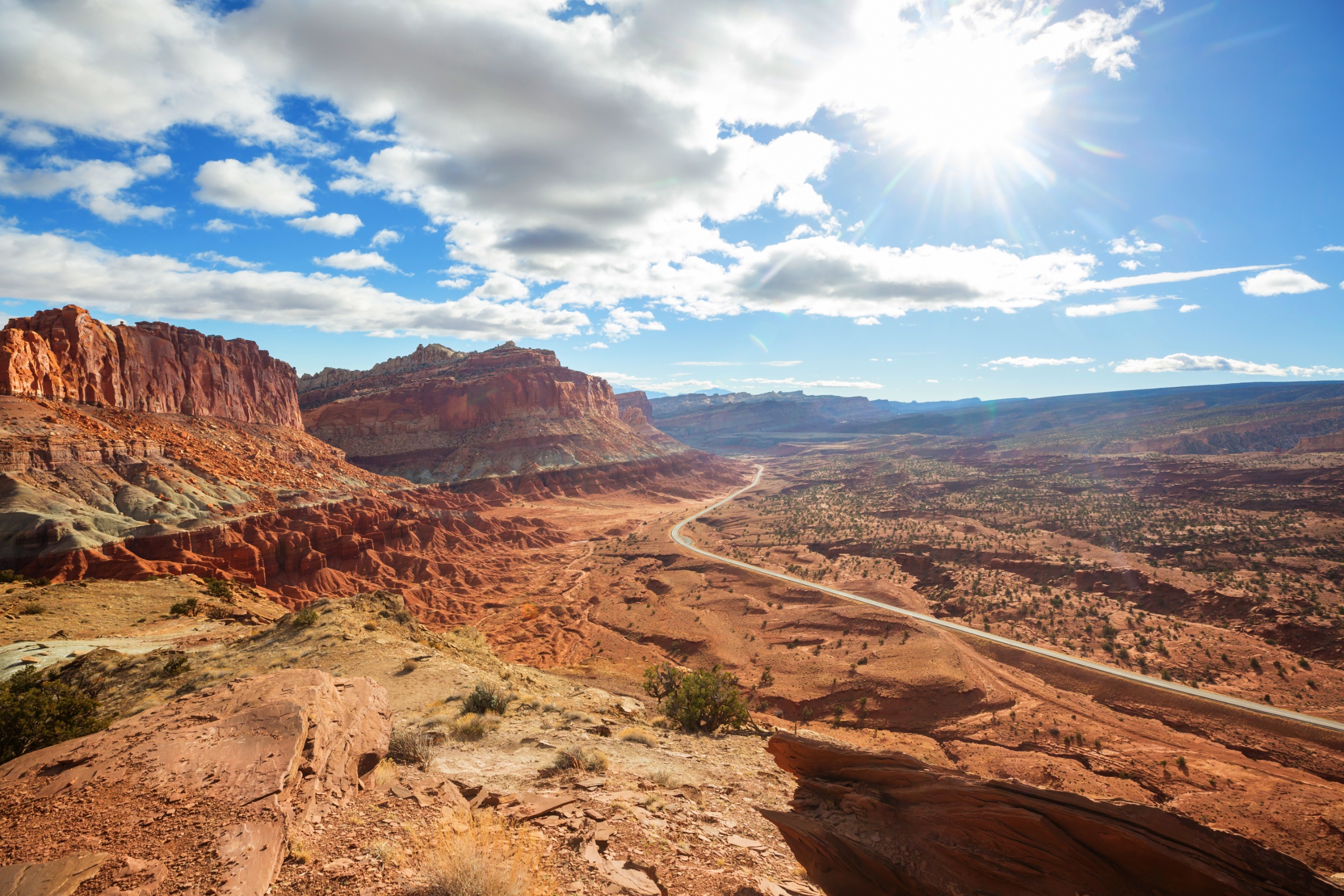 A desert road running through red rock country near Capitol Reef